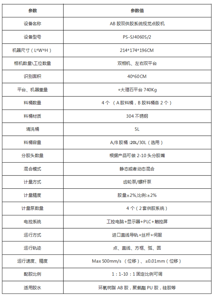 PS-SJ4060S/2 AB膠雙供膠系統(tǒng)視覺點(diǎn)膠機(jī)參數(shù)